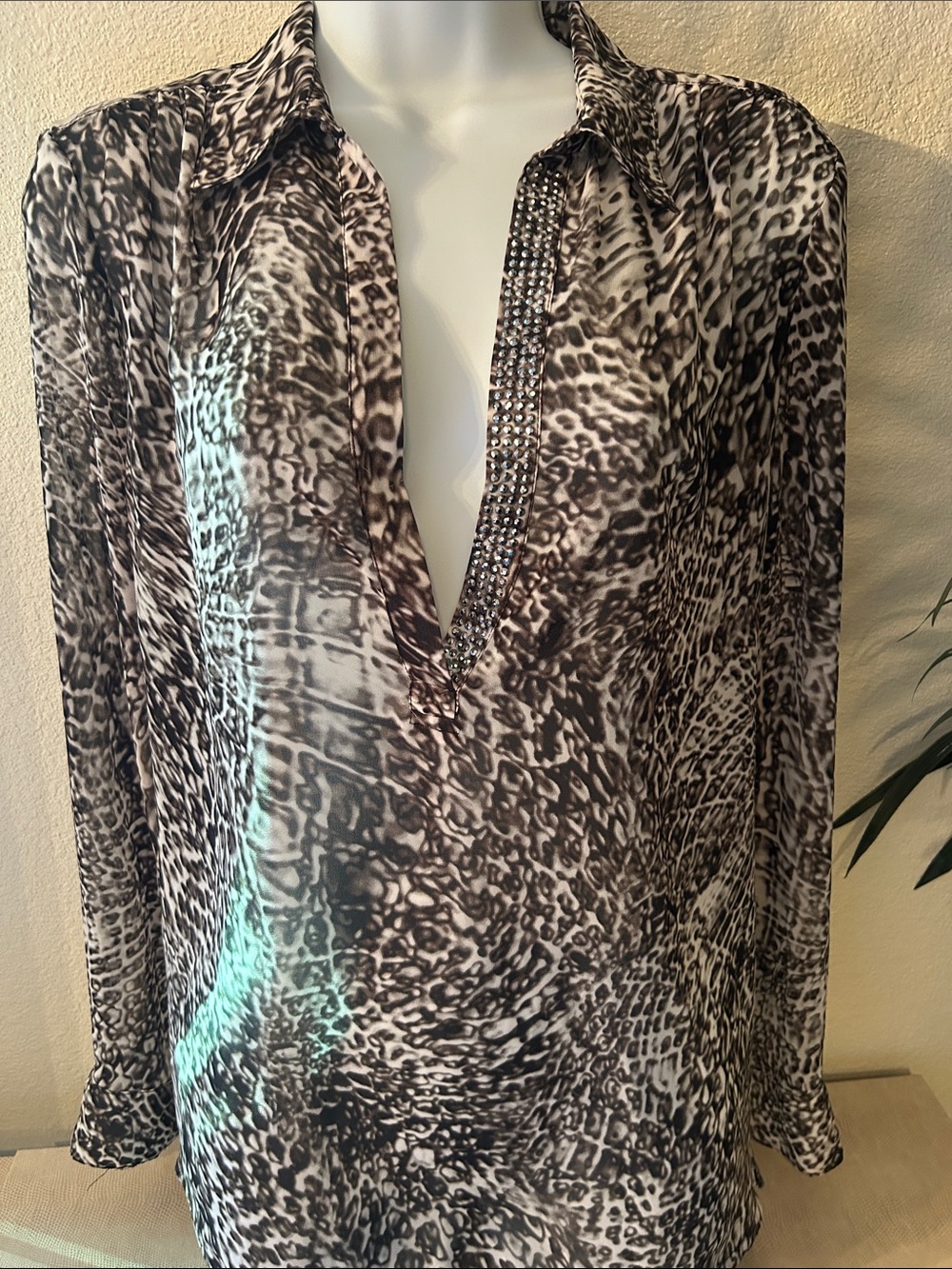 Women’s Animal Print V-Neck Blouse with Embellished Trim